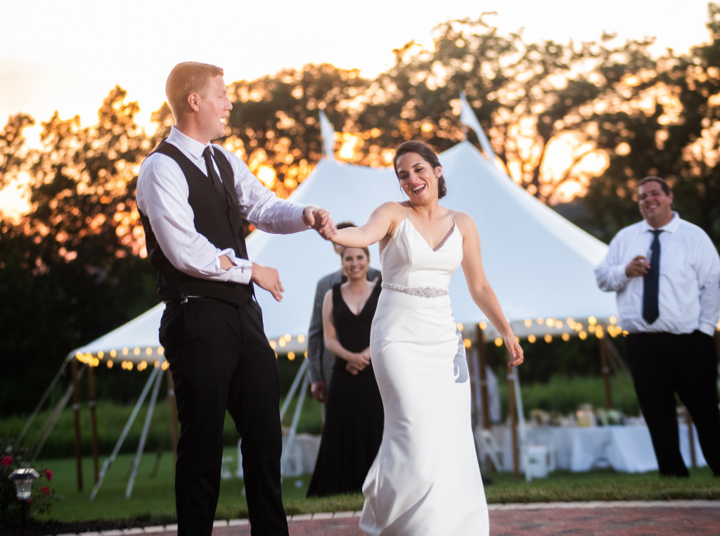 Bride and groom backyard microwedding dance