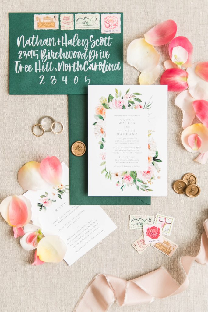 green and pink spring wedding invitation suite
