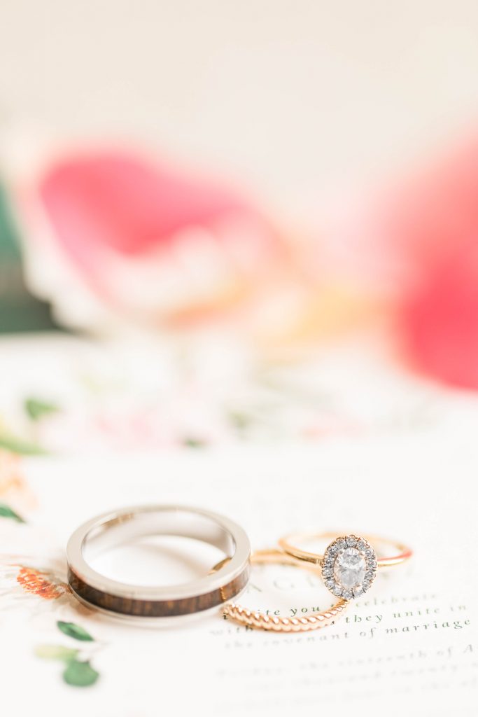 green and pink spring wedding ring details
