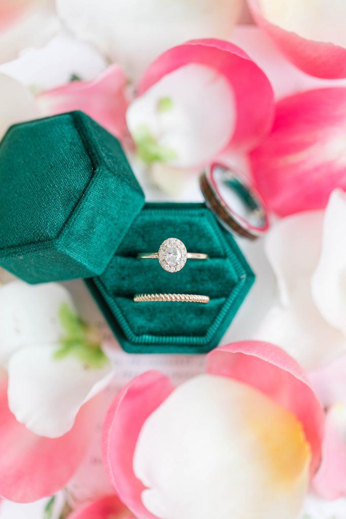 green and pink spring wedding ring details
