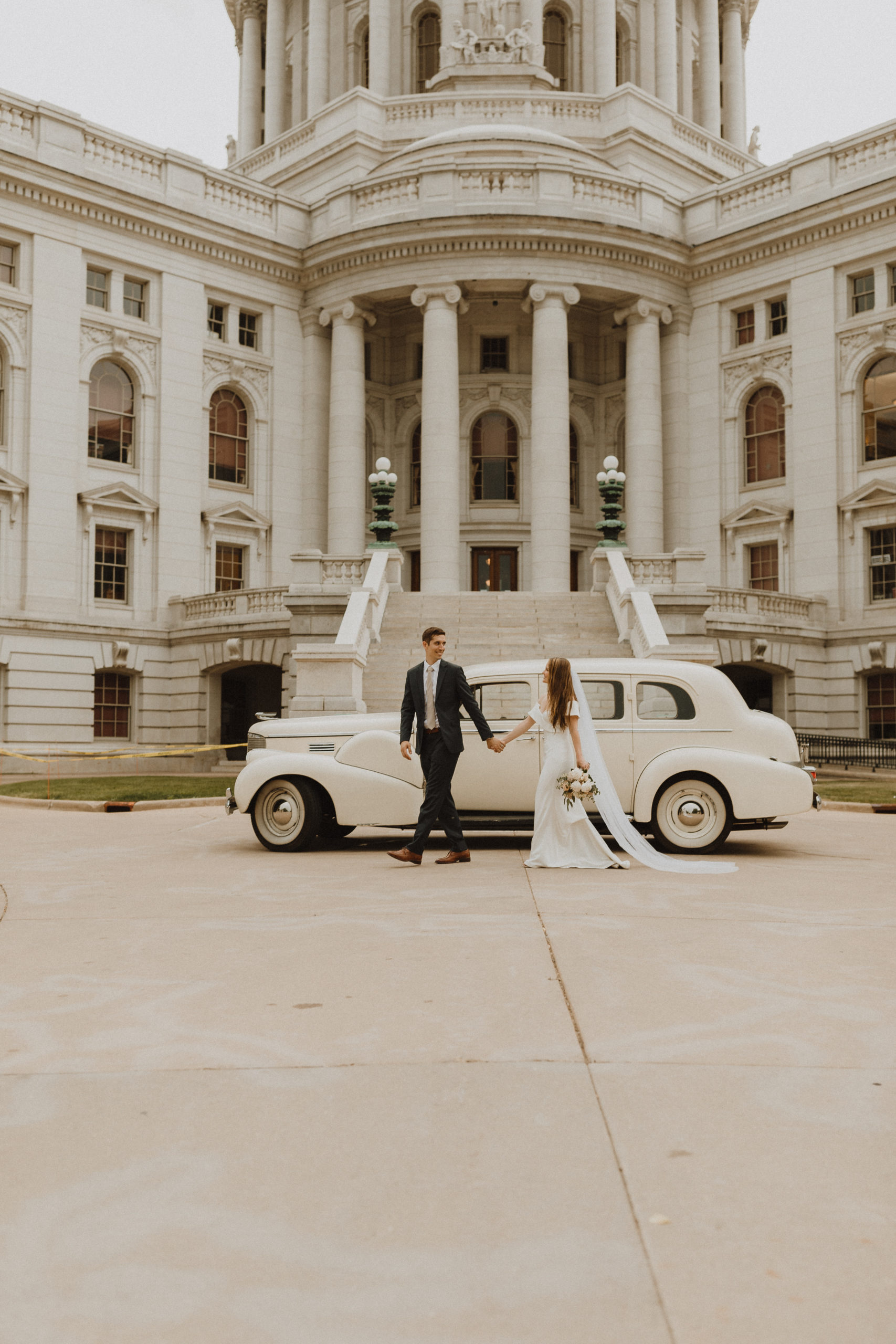 Vintage Car Downtown Capitol Madison Wedding Photos