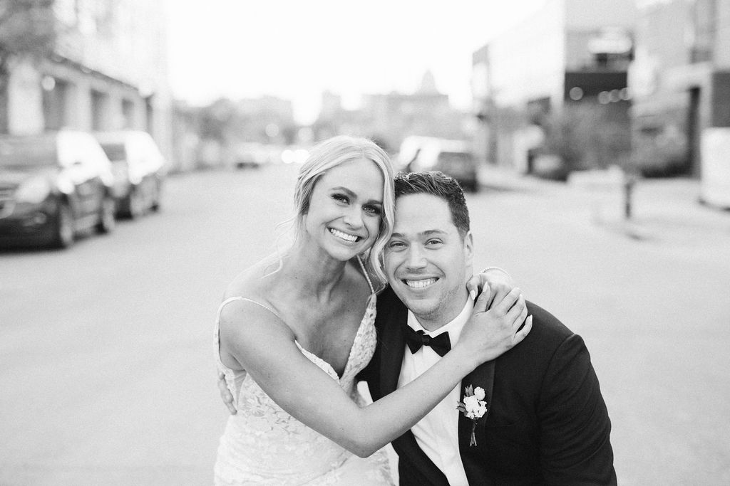 bride and groom portrait in downtown madison